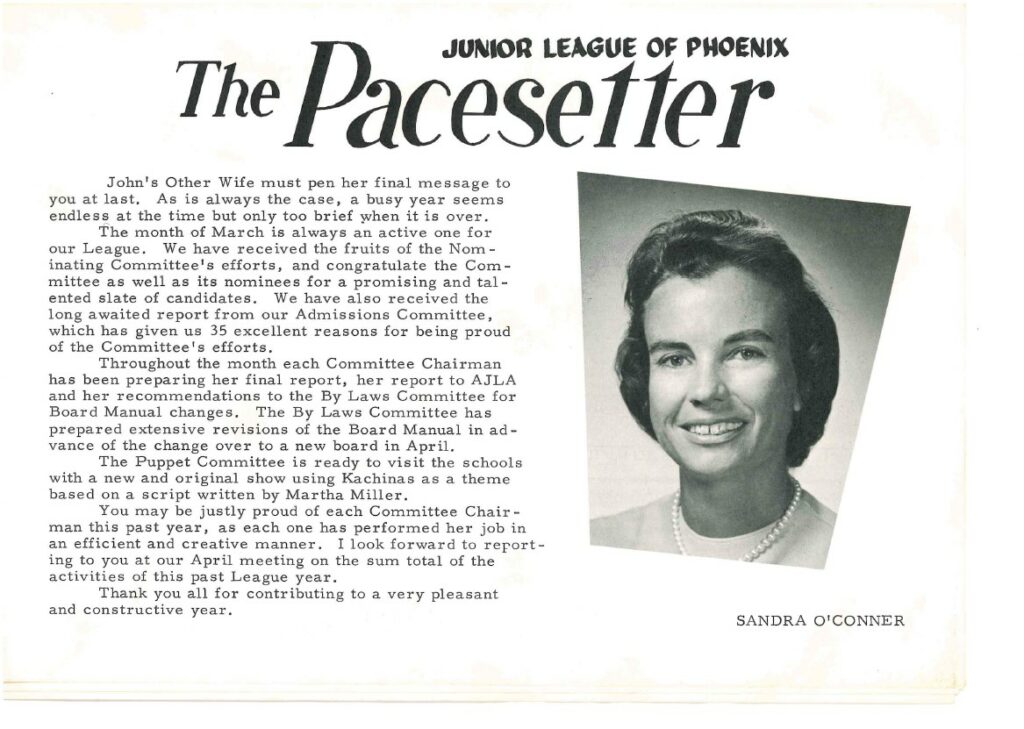 Sandra’s final column as President of the Junior League of Phoenix, highlighting accomplishments from the year. Her columns were titled “John’s Other Wife.”(April 1967, JLP newsletter).